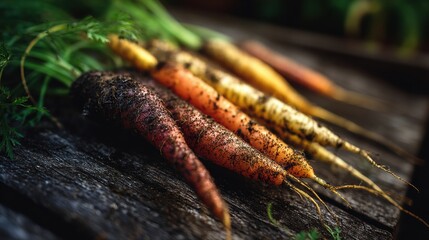 Aufkleber - Freshly Harvested Carrots With Dirt on Wooden Surface Showcasing Various Colors and Textures in Natural Light