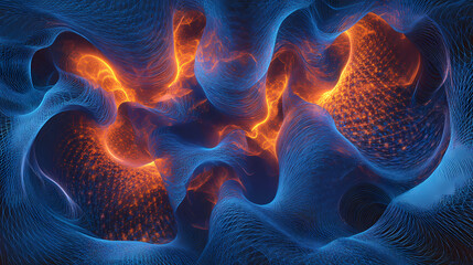 Wall Mural - Abstract digital wave pattern of glowing particles in deep blue. [Subterranean Echo] | Cavern Hum | deep vibration. Illustration