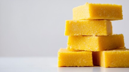 Poster - Close-up of a stack of four golden yellow polenta squares on a white surface.
