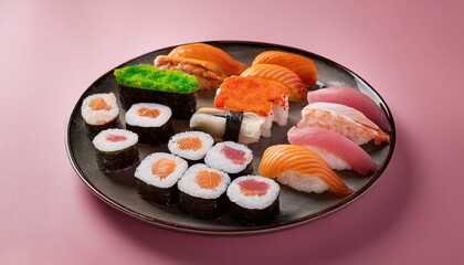 Wall Mural - colorful selection of sushi on plate over soft pink background