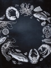 Poster - Chalk Drawn Seafood Chart on Dark Background Featuring Various Marine Creatures in a Decorative Arrangement