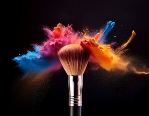 Wall Mural - a vibrant makeup brush releasing colorful powder into the air creating an artistic splash