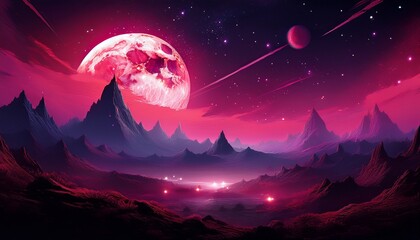 Wall Mural - alien mountainscape underneath a crimson moon and stars