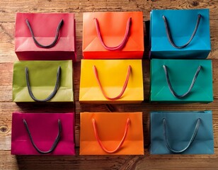 Wall Mural - colorful shopping bags arranged on a wooden surface