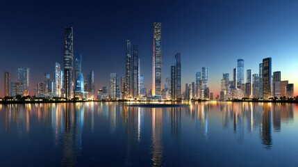 Wall Mural - Breathtaking Urban Skyline at Dusk with Reflections on Water, Showcasing Tall Buildings and Modern Architecture in a Vibrant Cityscape
