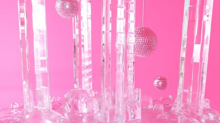 Abstract design of transparent structures against a pink backdrop.