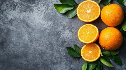 Poster - Fresh oranges with green leaves on dark background.