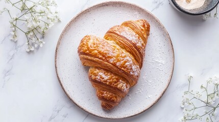 Poster - Delicious buttery croissant sprinkled with powdered sugar on a plate.