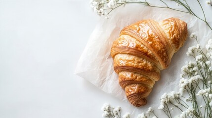 Poster - Buttery croissant on baking paper with white flowers.