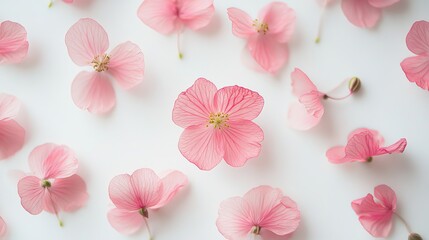 Poster - Delicate Pink Flower Petals Soft Background Floral Design Pretty Spring Blossom Romantic Nature Botanical Elegant Feminine Pastel White Texture       