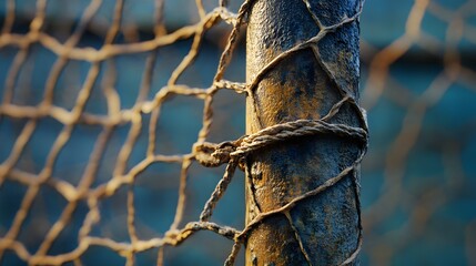 Close up of fishing net and metal pole for background texture
