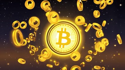 Poster - Digital Golden Coins Flying Around a Central Glowing Bitcoin Symbol Against a Dark Blue Starry Sky Background Creating a Sense of Futuristic Finance