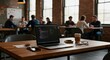 © Marcos - Laptop displaying code on a wooden desk in a modern office space