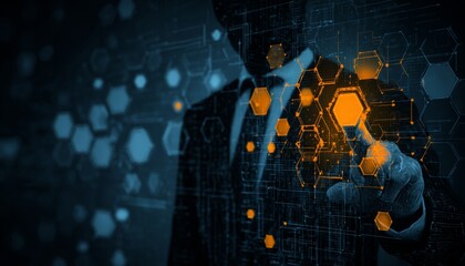 Poster - Businessman interacting with digital interface, technology and innovation concept