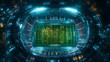 © GROW HIGH - Aerial view of soccer stadium at night with bright lights and green field for sports and entertainment