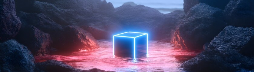 Poster - Neon cube in a surreal landscape setting.