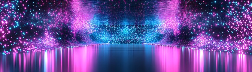 Poster - Colorful neon lightscape with glowing particles.