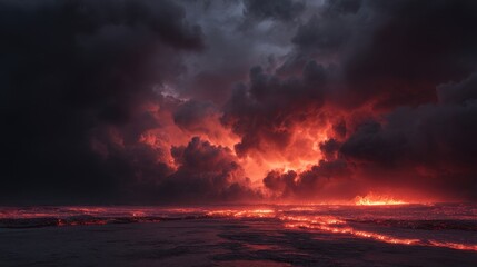 Wall Mural - Dramatic Lava Flow Under Dark Stormy Sky with Fiery Clouds Illuminating the Landscape in a Fiery Eruption Scene of Nature's Raw Power