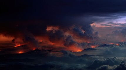 Wall Mural - Majestic Volcanic Eruption at Dusk Capturing Fiery Lava and Dramatic Cloud Formation Over Mountainous Landscape