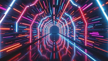 dark corridor with cascading neon light effects creating a three dimensional feel, high speed motion blurs adding intensity, digital art elements interspersed within the environment