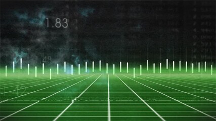 Poster - Vertical translucent data bars rising from green wireframe grid floor, numeric label hovering above