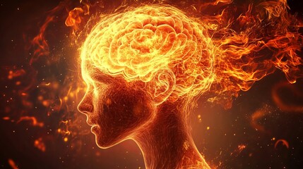 Poster - Fiery Brain Abstract Art Powerful Energy Intense Heat Burning Mind Conceptual Design Digital Artwork Imagination Creativity Fiery Head Profile Vivid Orange Yellow Flames 