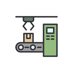Poster - Stylized Conveyor Belt With Robotic Arm For Product Packaging Illustration