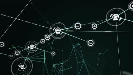 Poster - 3D network visualizing glowing globe icons and bar charts, linking nodes with wireframe shapes