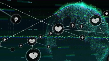 Poster - Abstract digital network showing 3D dotted globe, data points connecting heart and light bulb nodes
