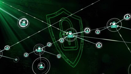 Poster - Central shield being highlighted while protecting user nodes, using flat design and code pattern