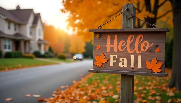 Hello Fall Sign on a Residential Street with Autumn Leaves, Autumn Grape Leaf Vector Frame with Copy Space, 