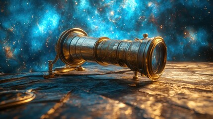 Wall Mural - Antique brass telescope rests on a space backdrop.