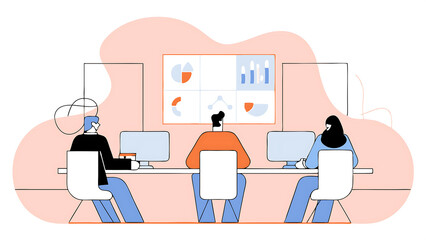 Poster - diverse modern office motivated businessman leads business meeting with managers talks uses presentation tv with statistics chart growth big data digital entrepreneurs work on e commerce pr 37382088 1