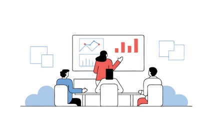 Poster - diverse modern office motivated businessman leads business meeting with managers talks uses presentation tv with statistics chart growth big data digital entrepreneurs work on e commerce pr 72539175 4