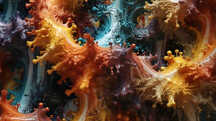 Poster - Abstract fractal art showcases dynamic waves of orange, yellow, and blue in a fluid design form.