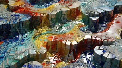 Poster - Abstract geometrical landscape formed by colorful mosaic shapes in undulating, rhythmic layers.