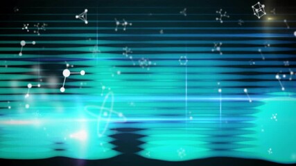 Poster - Futuristic data display being animated, showing wave bars, molecular nodes floating, glowing rings