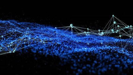 Poster - 3D render creating abstract wave structure floating in dark void using glowing blue nodes and lines
