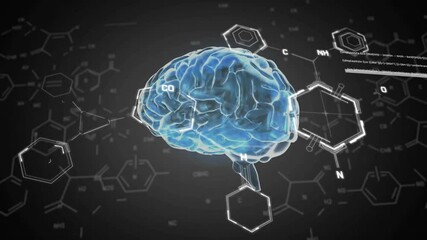 Poster - Translucent blue 3D brain model spinning at center in 3D render, showing white molecular structures