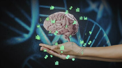 Poster - 3D brain floating above cupped hands while green holographic data icons forming network