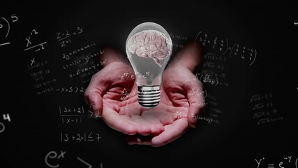 Poster - Hands holding translucent bulb with brain, floating white formulas over black background, 3D render