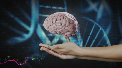 Poster - Hands supporting floating brain model in digital scene, candlestick and line charts emerging in 3D