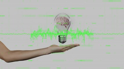 Poster - Floating lightbulb with brain model hovering above extending forearm with green digital waveforms