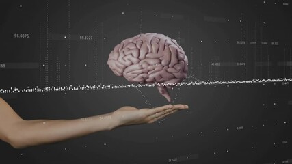 Poster - Bare forearm supporting floating 3D brain, displaying data points and dotted lines on gray gradient