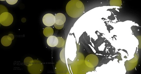 Poster - Stylized white globe floating on dark void in 3D with glowing yellow bokeh and code fragments
