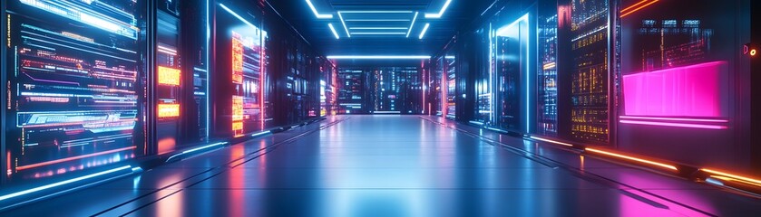 Poster - Futuristic server room with neon lighting.