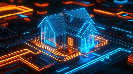 Poster - Smart Home Digital Model Futuristic Technology House Blueprint Neon Lights Orange Blue Circuit Board Network Modern Architecture Residential Building Design Innovation   