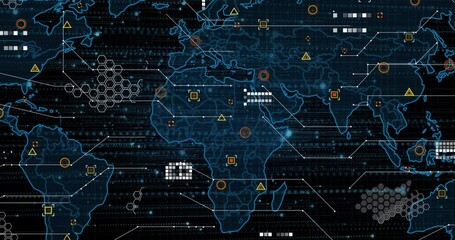 Poster - Global digital map being animated with neon outlines, binary streams, hexagon clusters and markers
