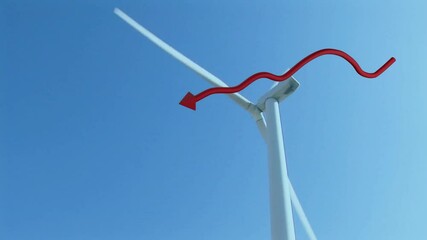 Poster - Wind turbine tower and rotor blades rising at low angle showing airflow with red wavy arrow