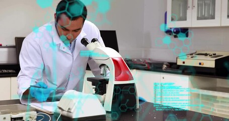 Poster - Male scientist leaning over microscope writing notes in science lab, showing molecular graphics